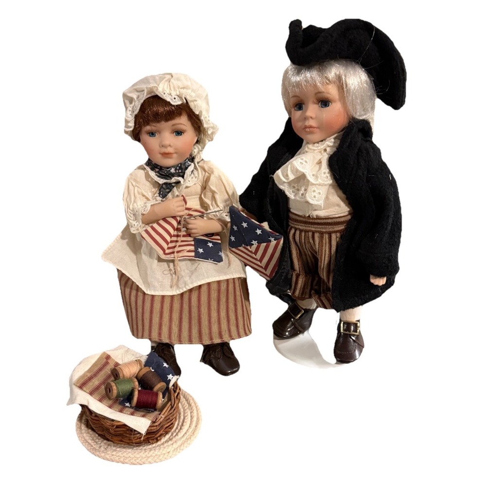 America 250 Ben Franklin & Betsy Ross Porcelain Dolls Colonial Pair,